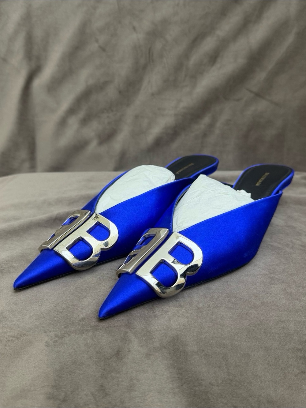 🚩steal Balenciaga Electric Blue Pointed Satin Mules with Silver BB Logo
